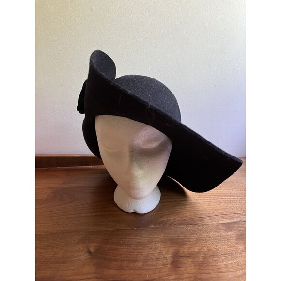 Scala Cummings & Good Black Wool Wide Brim Hat With Rose Detail - One Size